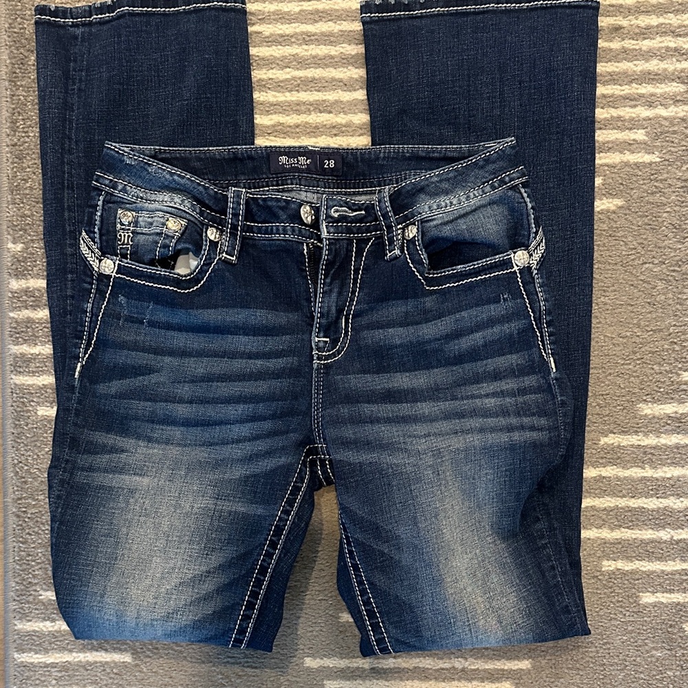 Miss Me Women's Mid Rise Bootcut Dark Wash Stretch Jeans - Blue 28x34